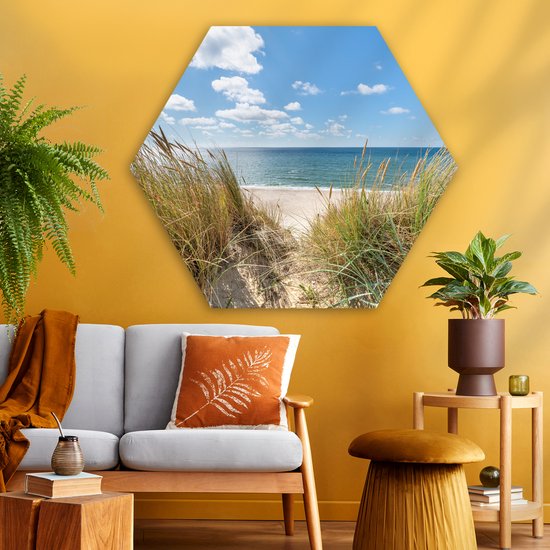 Décoration murale hexagonale - Décoration murale en plastique - Tableau hexagonal - Dune - Herbe - Mer - Plage - 120x103 cm