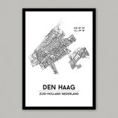 Den Haag city poster, A3 (30x40 cm) met lijst, plattegrond poster, woonplaatsposter, woonposter
