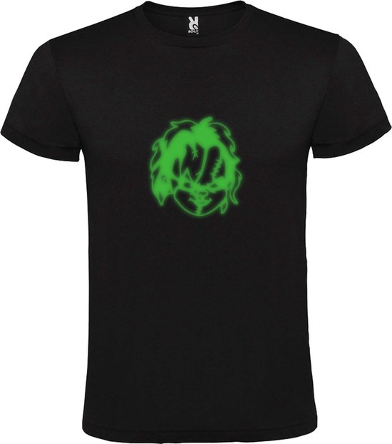 Zwart T-Shirt met “ Halloween Chucky “ afbeelding Glow in the Dark Groen Size M