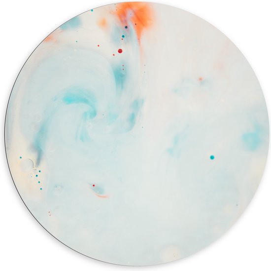 WallClassics - Dibond Muurcirkel - Abstracte Blauw/Oranje Vlekken op Witte Achtergrond - 100x100 cm Foto op Aluminium Muurcirkel (met ophangsysteem)