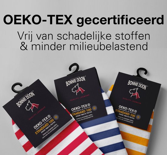 Chaussettes mi-mollet Bonnie Doon à rayures et étiquette OEKO-TEX.
