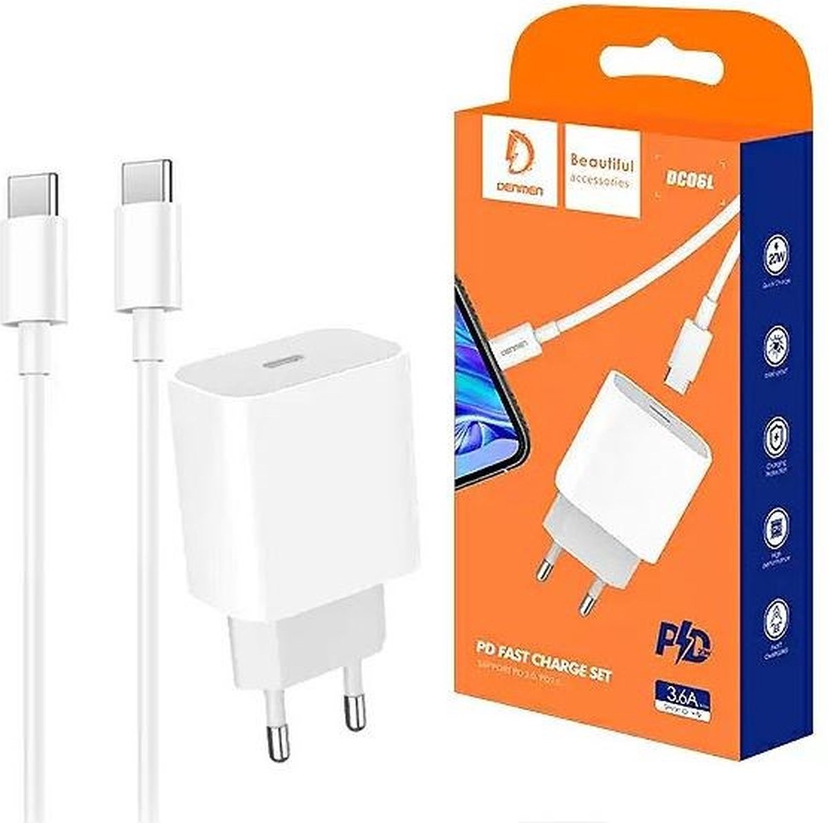 POWER SUPPLY CHARGER 3.6A 20W WHITE DENMEN + CABLE TYP-C 3600mAh DC06 POWER DELIVERY TYPE-C TO TYP-C