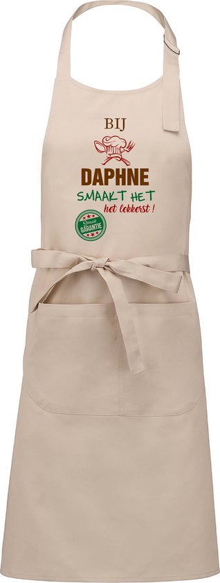 Naamcadeau - Naamschort - Keukenschort met je naam - Kookschort - verjaardag - moederdag - beige - het smaakt het lekkerst bij:  Daphne