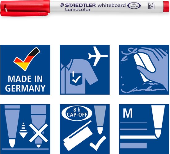 Un seul marqueur blanc rouge Staedtler Lumocolor et six symboles.