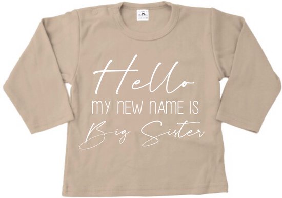 T-Shirt voor een grote zus-Bekendmaking zwangerschap-beige-hello-big sister-Maat 104