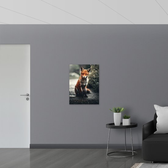 WallClassics - Bois - Renard posant près des Buissons - 60x80 cm - 12 mm d'épaisseur - Photo sur bois (avec système de suspension)