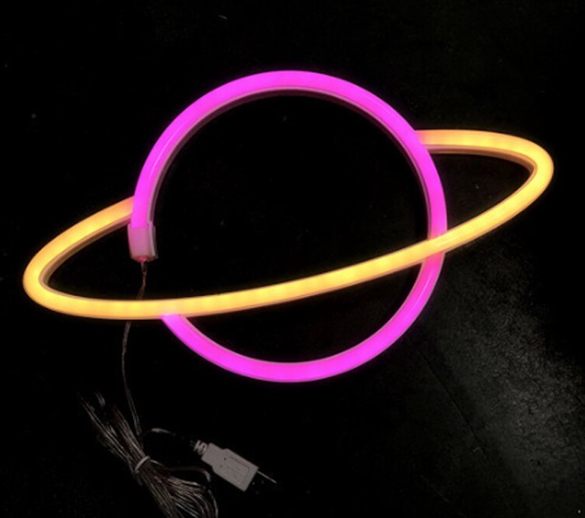 Neon led lamp - Planeet - Roze / Geel - 17 x 30 cm - Incl. 3 AA batterijen - Neon Verlichting - Wandlamp