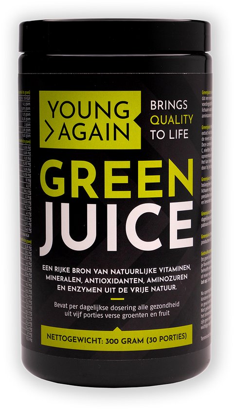 Young Again Green Juice - 300 gram - Tarwegras - Fruits & Greens extract - Spirulina - Chlorella - Groene thee extract - Lactospore - Vezels - Vegan