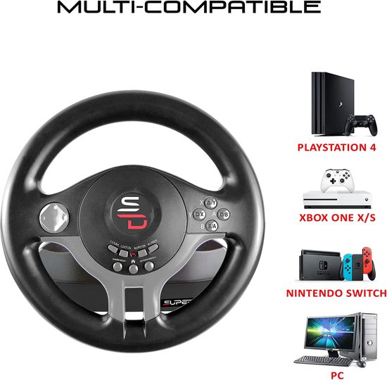 Zwart gaming stuurwiel en controllers van PlayStation 4, Xbox One, Nintendo Switch en PC. Merk Superdrive.