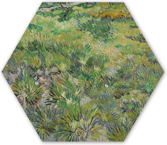 Hexagon wanddecoratie - Kunststof Wanddecoratie - Hexagon Schilderij - Grasveld met bloemen en vlinders - Vincent van Gogh - 75x65 cm