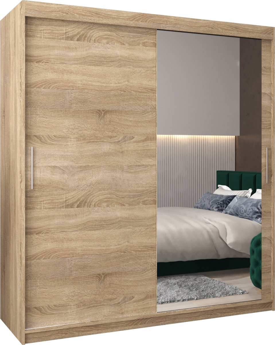 InspireME Kledingkast met 2 schuifdeuren, Modern-stijl, Kledingkast met planken (BxHxD): 180x200x62 - TORM II 180 Sonoma Eik