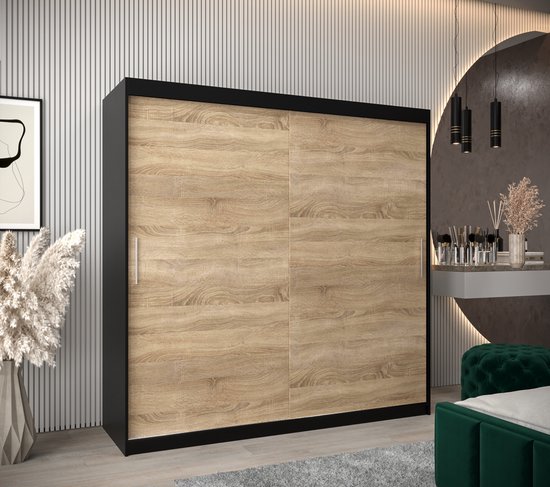 InspireMe - Armoire avec 2 portes coulissantes, Style moderne, Armoire avec étagères (LxHxP): 200x200x62 - TORM 200 Zwart Mat + Chêne Sonoma