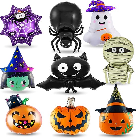 34 Ballons Aluminium Halloween - Citrouille, Fantôme, Araignée, Chauve-souris... Déco Fête Réutilisable