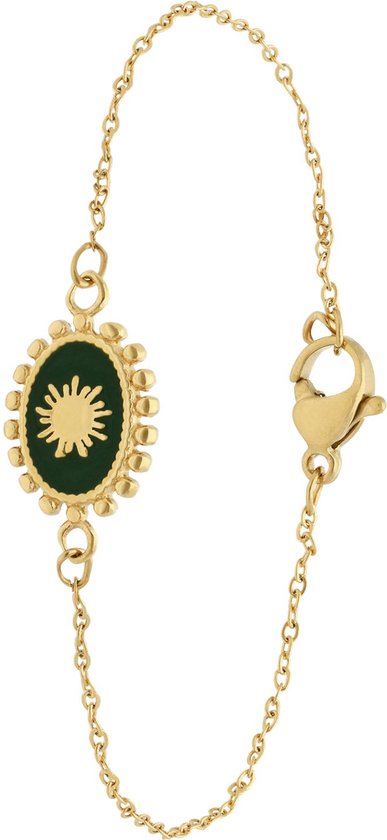 Lucardi Dames Stalen goldplated armband met groene ovale munt - Armband - Staal - Goudkleurig - 19 cm