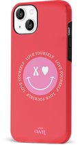xoxo Wildhearts Love Yourself Red - Double Layer - Rood hoesje geschikt voor Apple iPhone 13 Mini - Hoesje met smiley emoji - Hardcase case geschikt voor iPhone 13 Mini - Smiley case - rood