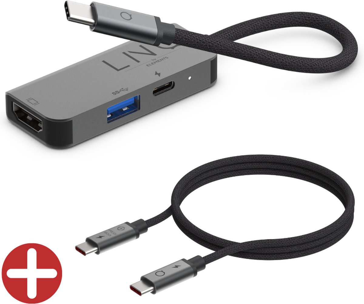 Linq byELEMENTS 3in1 USB C/HDMI Hub Station + Linq byELEMENTS USB-C (100W) PD Charging Pro Kabel - 2 m