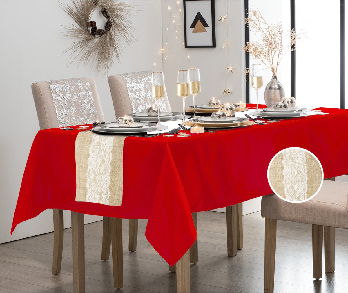 Atmosphera Tafelkleed/tafellaken rood polyester 140 x 240 cm met tafelloper jute