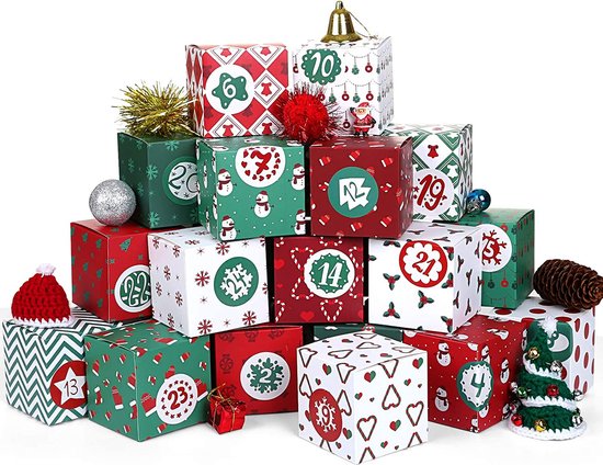 Adventskalender om te vullen, 24 dozen, kerstkisten, geschenkdozen, rood, groen, karton met 24 cijferstickers om te knutselen en neer te zetten, kerstdecoratie