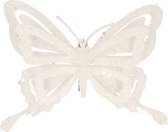 1x stuks decoratie vlinders op clip glitter wit 14 cm - Bruiloftversiering/kerstversiering decoratievlinders