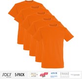 5 Pack Sol's Heren T-Shirt 100% biologisch katoen Ronde hals Oranje Maat 3XL