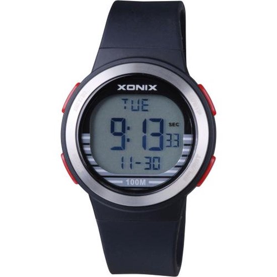 Xonix BAV-007 - Horloge - Digitaal - Unisex - Siliconen band - ABS - Cijfers - Achtergrondverlichting - Alarm - Start-Stop - Chronograaf - Tweede tijdzone - Waterdicht - 10 ATM - Blauw - Rood - Zilverkleurig