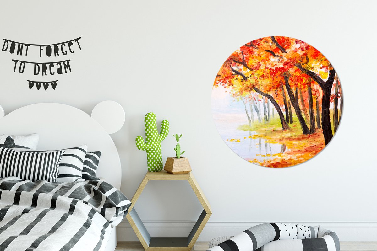 WallCircle - Wandcirkel - Muurcirkel - Schilderij - Herfst - Bomen - Water - Olieverf - Aluminium - Dibond - 90x90 cm - Binnen en Buiten