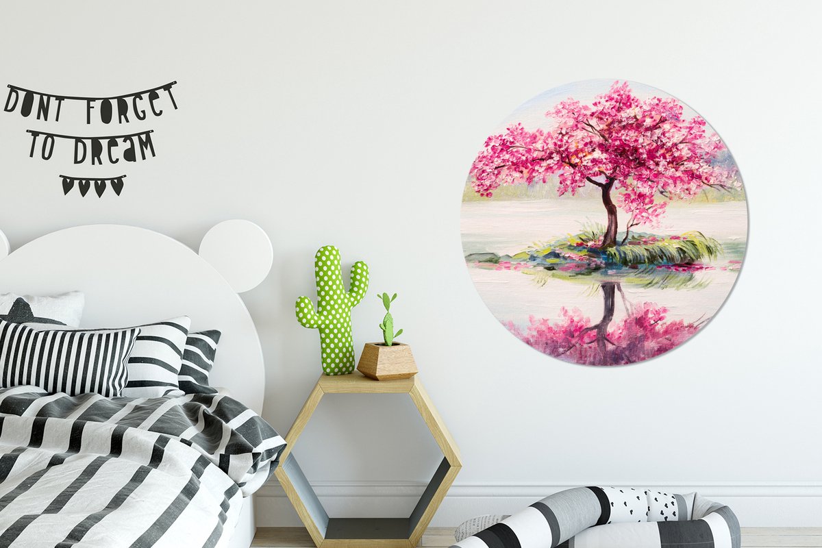 WallCircle - Wandcirkel - Muurcirkel - Schilderij - Bloesem - Bloesemboom - Water - Olieverf - Aluminium - Dibond - 90x90 cm - Binnen en Buiten