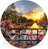 WallCircle - Muurcirkel - Wandcirkel - Amsterdam - Fiets - Bloemen - Zon - Roze - Ronde muurdecoratie - Kunststof - ⌀ 90 cm - Wanddecoratie rond - Ronde schilderijen