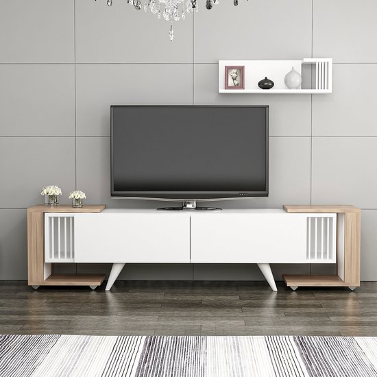 Meuble TV avec étagère murale et 2 tables d'appoint Glostrup Chêne et blanc