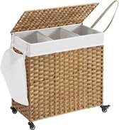 MIRA Home - Wasmand met wieltjes 3 vakken - Wasmand met deksel - Riet - Duurzaam - 140L