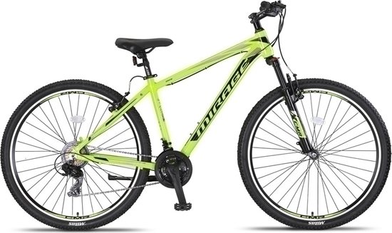 Limegroene mountainbike, 27,5 inch, 21 versnellingen, V-brakes, voorwiel en voorvork.