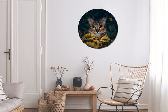 WallCircle - Cercle Mural - Cercle Mural - Chat - Jaune - Fleurs - Botanique - Aluminium - Dibond - 60x60 cm - Intérieur et Extérieur