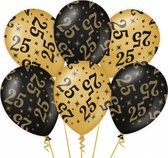 Ballonnen 25 jaar - 6x stuks - zwart/goud - leeftijd - 30 cm - versiering - verjaardag - feestartikelen