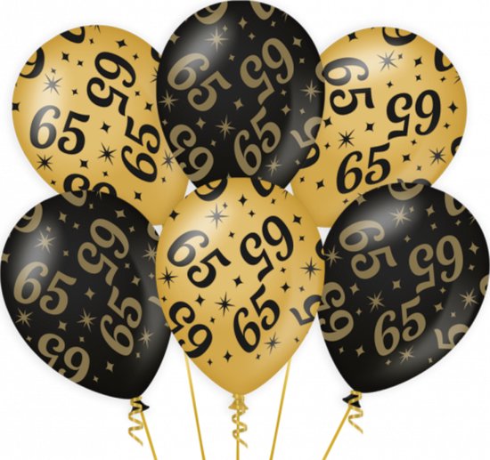 65 jaar verjaardag feest ballonnen - 6x stuks - zwart/goud - leeftijd - 30 cm - versiering - feestartikelen
