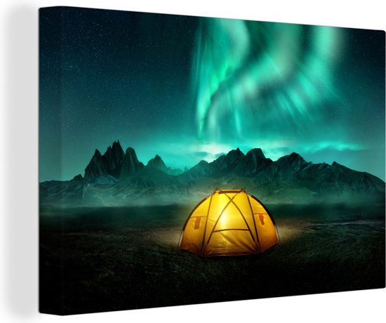Toile Peinture Aurores Boréales - Tente - Lampe - 120x80 cm - Décoration murale