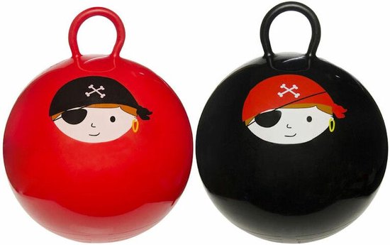 Twee skippyballen, één rode en één zwarte, beide met een piratenafbeelding. De afbeelding toont een piratengezicht met een ooglapje, rode bandana en oorbel.