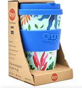 Quy Cup 400ml Ecologische Reis Beker - "Flower" - BPA Vrij - Gemaakt van Gerecyclede Pet Flessen met Blauw Siliconen deksel