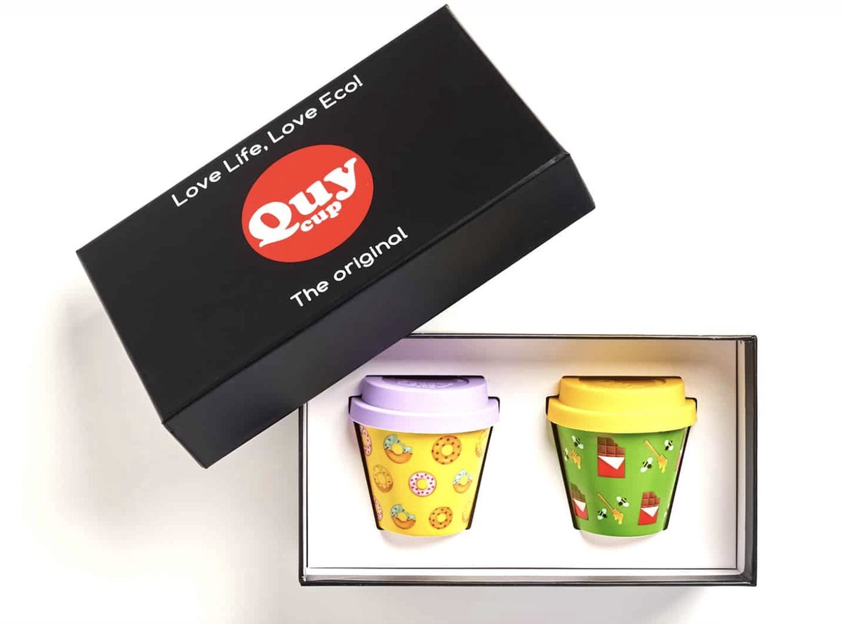 Quy Cup GIFT BOX “Donuts & Honey” (set van 2) - 90ml Ecologische Reis Beker - Espressobeker met siliconen deksel