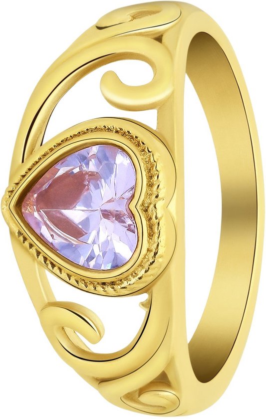 Lucardi Dames vintage ring met hart paars – Maat 69 – 22mm - Ring - Cadeau - Staal goldplated - Goudkleurig