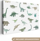 Canvasdoek kinderen - Wanddecoratie kinderkamers - Dino's - Patroon - Groen - Wit - Kinderen - Wanddecoratie jongens - Wanddecoratie meisjes - Canvas schilderij dino - 120x80 cm