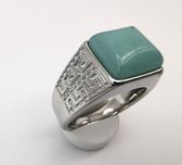 RVS Edelsteen groene Calciet zilverkleurig Griekse design Ring. Maat 21. Vierkant ringen met beschermsteen. geweldige ring zelf te dragen of iemand cadeau te geven.
