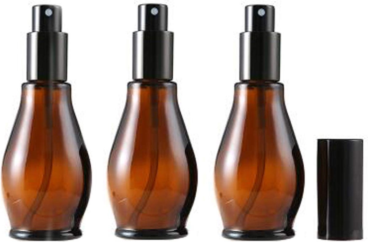 Lege hervulbare amberkleurige glazen cosmetische parfumsprayflessen met zwarte verstuiver en etherische olie / aromatherapie-stofkap