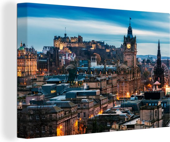 Canvas Schilderij Klok - Gebouwen - Nacht - Edinburgh - 90x60 cm - Wanddecoratie