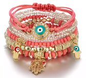 UrbanGoods - Boheemse stijl Armbanden - Roze Hipster Armband - 4 Laags kralen armband - Blauwe Oog