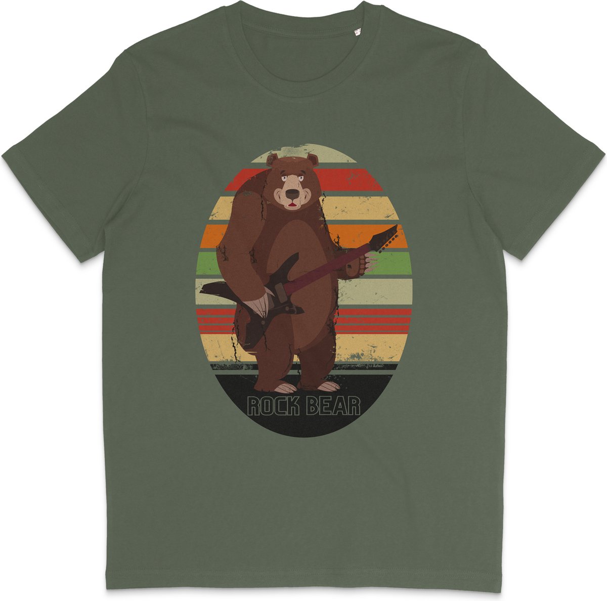 T Shirt Heren en Dames Rock Gitaar Muziek Beer - Khaki (Groen)- Maat XL
