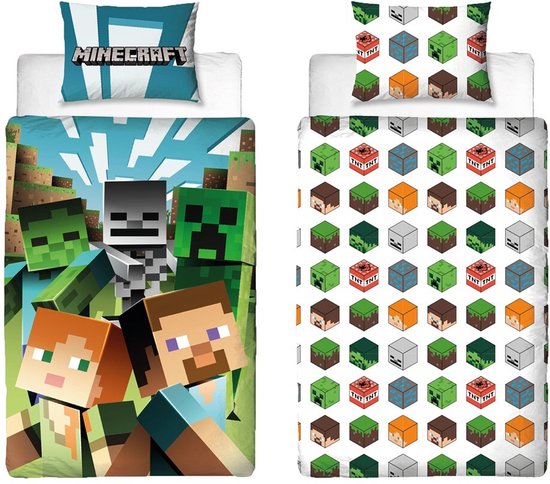 Minecraft Dekbedovertrek Earth - 140x200 - 100% Katoen - Multicolor - Sinterklaas cadeautje - Kerst cadeau
