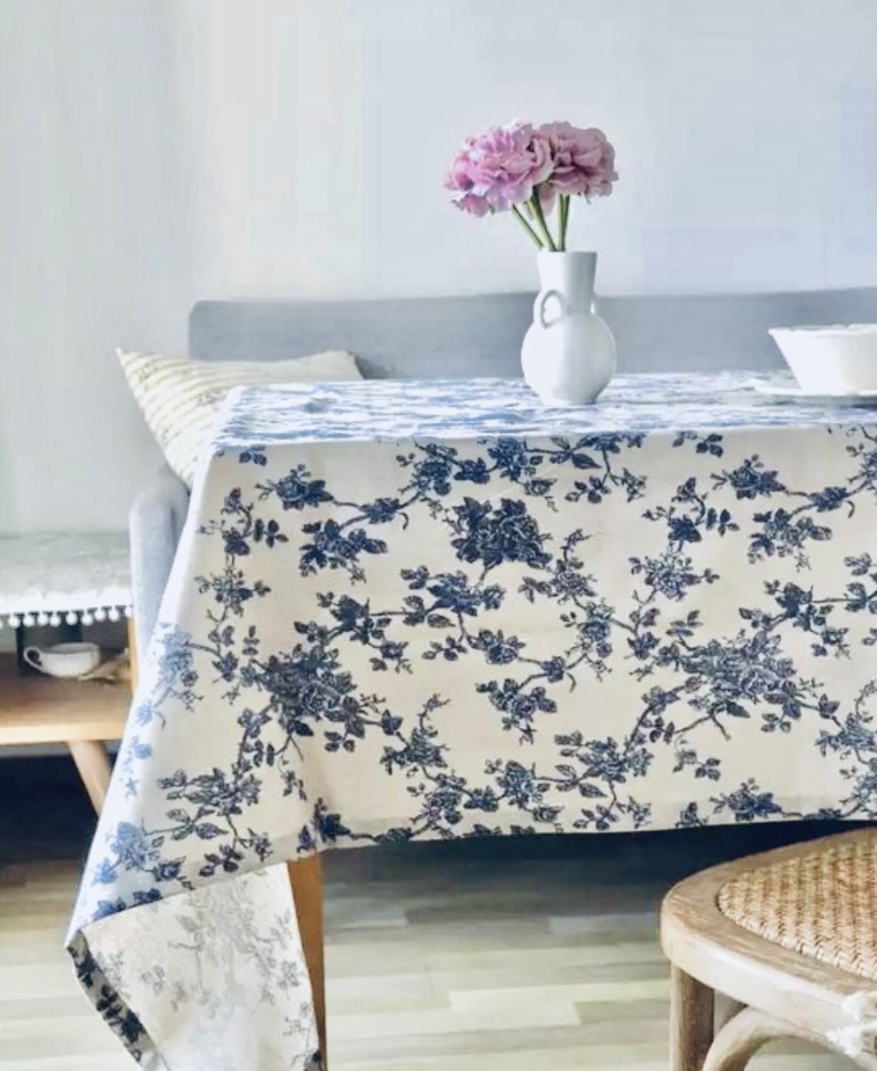 Tafelkleed Bloemen - 150 x 150 cm - Vierkant Katoen Tafellaken - Blauw Wit