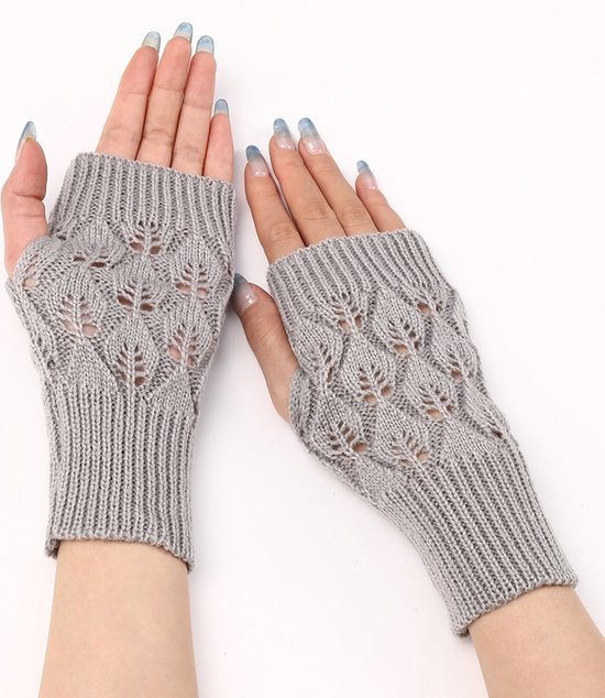 Grijze opengewerkte polswarmers - Vingerloze handschoenen voor dames - Handwarmers
