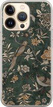 Hoesje geschikt voor Apple iPhone 13 Pro - Khaki Golden Flowers - Bloemen - Groen - Apple Soft Case Telefoonhoesje - TPU Back Cover - Casevibes