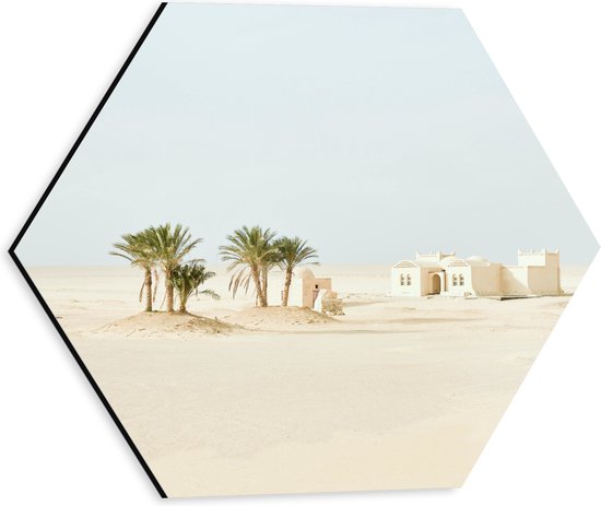 WallClassics - Dibond Hexagon - Woestijn met Palmbomen en Gebouw - 30x26.1 cm Foto op Hexagon (Met Ophangsysteem)